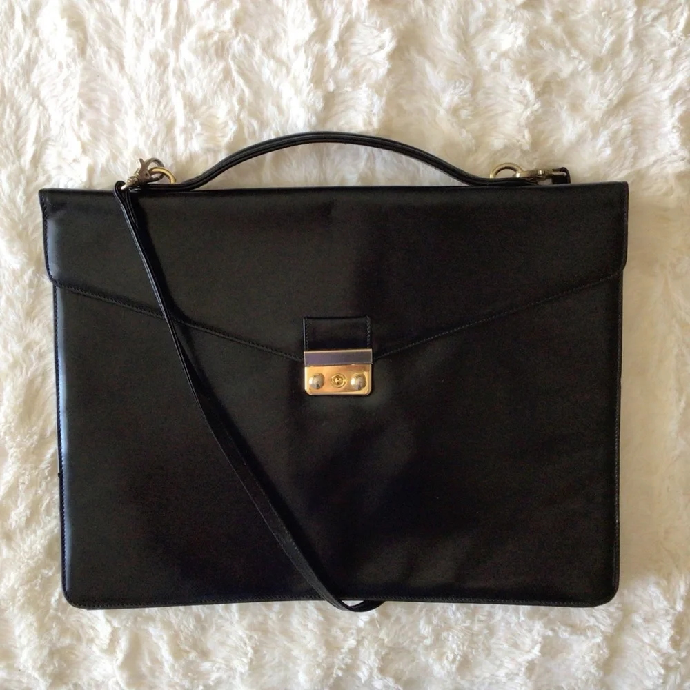Harrods All Leather Attaché Briefcase Messenger Black